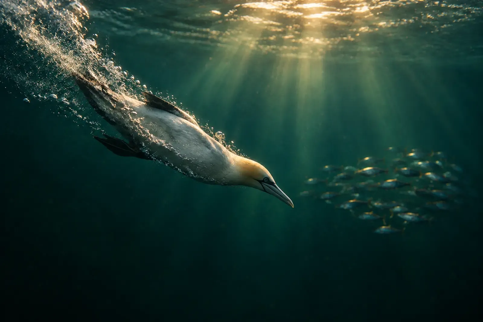 Underwater, a gannet trailing bubbles as it dives towards a shoal of fish